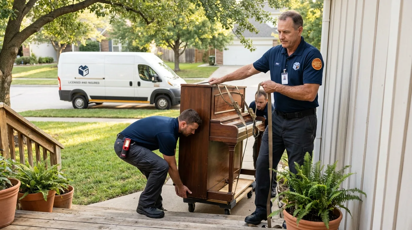 Licensed piano movers securing grand piano in Latham, NY