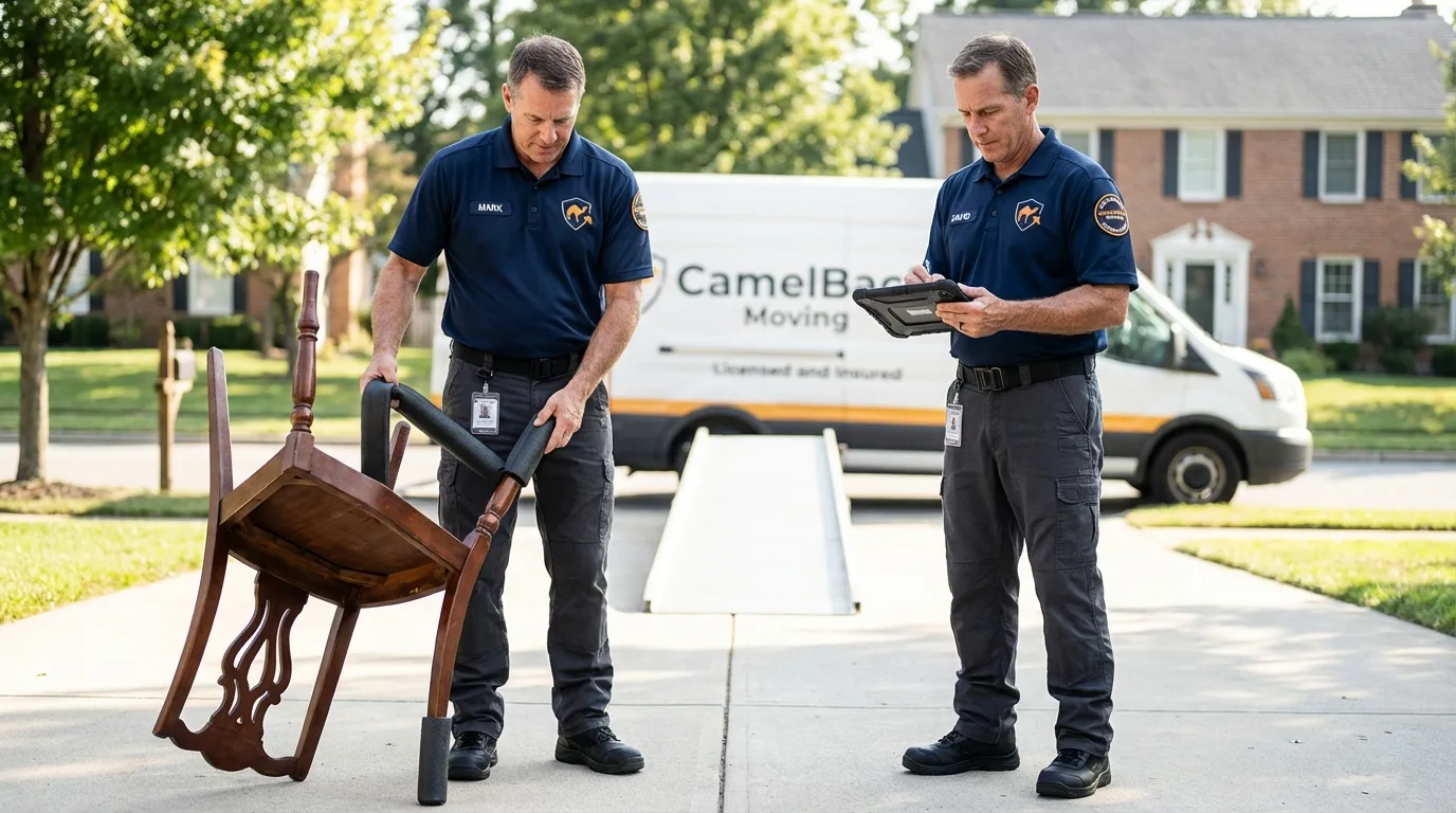 Movers inspecting furniture for damage prevention before loading in Latham, NY