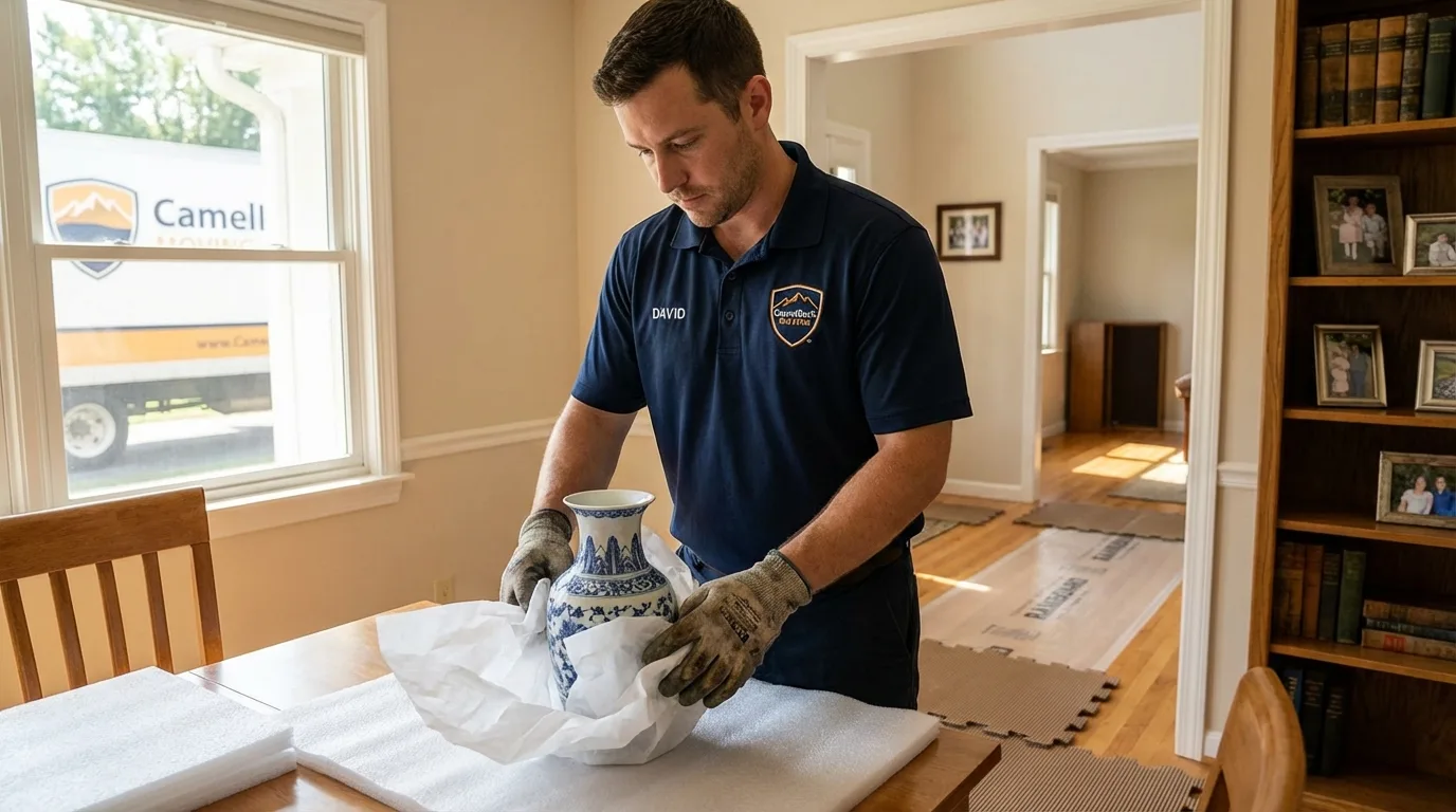 Professional crew carefully wrapping antique vase for senior downsizing move in Latham, NY